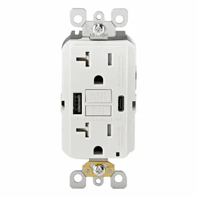 LEVITON Receptacle: Decorator Duplex, 5-20R, USB Type A/C, White, 125V AC, 20 A - Weather-Resistant Receptacles with USB Chargers
