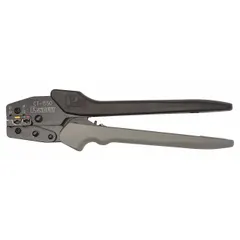 Controlled-cycle crimper tool for terminating insulated connectors and insulated terminals onto wire. Automatic operation with steel construction. Overall length 10 3/4 inches. Suitable for electrical panel building, industrial wiring, and maintenance tasks requiring consistent crimp quality.