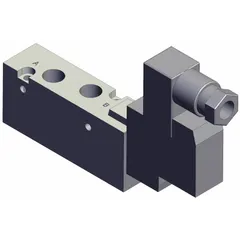 Five-way, two-position directional control valve from the SYJ7000 series. Single solenoid, 24V DC operation, 5 ports, aluminum body with DIN solenoid connector. Used to direct compressed air in pneumatic systems for actuating cylinders or other actuators in industrial automation.