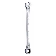 This SAE 12-point ratcheting combination wrench features a 7/16 in head size and a 7-5/8 in overall length. Constructed from alloy steel with a chrome finish, it is a standard (non-reversible) model. The ratcheting box end allows for faster fastening and loosening in confined spaces without repositioning the tool, suitable for automotive repair, machinery maintenance, and general assembly tasks.
