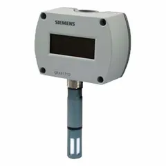 Wall-mount digital sensor with plastic housing and digital display. Measures temperature from -40°F to 158°F with ±0.54°F accuracy and relative humidity from 0 to 100% with ±2% of full scale accuracy. Provides dual 4 to 20 mA outputs for temperature and humidity, and communicates via MP-Bus protocol. Suitable for HVAC control in building automation systems.