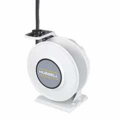 Hardwired self-retracting cord reel with ratchet lock mechanism. Includes 40 ft of 10 AWG SOW cable terminating in bare wire. Rated for 600V AC. Suitable for overhead or wall-mounted power delivery in workshops, factories, and maintenance areas.