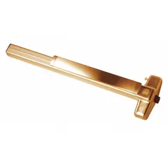 Rim-type exit device with touchbar style, bronze finish, and night latch outside trim. Designed for doors up to 4 ft wide. ADA compliant for accessible egress in commercial applications.