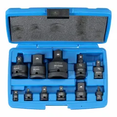 This set includes adapters with input drive sizes of 1 in, 1/2 in, 1/4 in, 3/4 in, and 3/8 in, featuring a square drive type and black phosphate finish. Designed for use with impact wrenches and ratchets, the adapters convert between drive sizes to accommodate various sockets. Locking functionality secures the connection during operation.