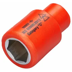 This insulated hand socket features a 1/4" drive and a 14 mm (35/64 in) 6-point socket size, with an overall length of 1 5/8 in. It is designed for use on live electrical equipment, providing insulation for safe tightening or loosening of metric fasteners in industrial maintenance and utility applications.