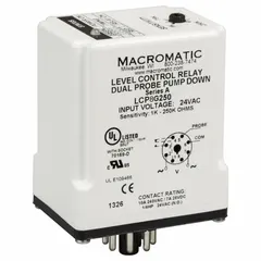 Socket-mounted liquid level relay with dual probe input and pump down function. Operates on 24V AC with contact ratings of 10A at 240V AC and 7A at 28V DC. Features an 8-pin terminal connection for easy installation. Used for controlling pump operation in tanks or sumps based on liquid level sensing.