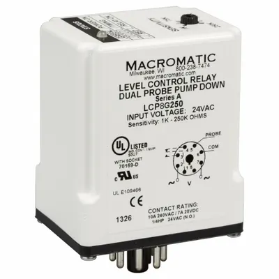 MACROMATIC Liquid Level Relay: Socket Mounted, Dual Probe, 10 A Current Rating, 24V AC - Socket-Mounted Relays