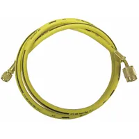 Single charging hose for HVAC and refrigeration systems, 5 ft long with a 45° angle fitting. Constructed from yellow nylon and includes a shut-off valve for controlled refrigerant flow during charging, evacuation, or pressure testing