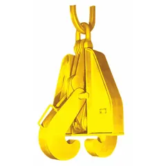 Beam lifting tongs for handling plate girders and beams. Steel construction with yellow finish. Working load limit 30,000 lb. Used in industrial lifting applications for gripping and moving structural steel beams.