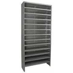 This stationary bin shelving unit from AKRO-MILS features a steel frame in a gray finish. It measures 36 inches wide by 12 inches deep by 79 inches high, with an open, one-sided design and 13 shelves. The unit is sold without bins, suitable for organizing parts, tools, and supplies in warehouses, factories, and workshops.