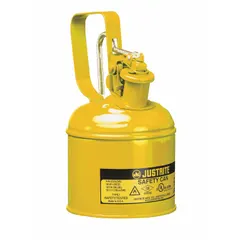 This JUSTRITE Type I Safety Can is constructed from powder coated steel in yellow and has a 1/4 gallon capacity. It is designed for the safe storage and dispensing of diesel fuel in industrial settings, such as maintenance and fueling operations.