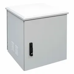 This fan-cooled server rack enclosure provides 15 rack units of space for mounting network equipment such as switches, patch panels, and servers. Constructed from steel with a powder-coated finish, it measures 30 3/8 x 23 5/8 x 21 5/8 inches and includes a key for security. Suitable for indoor or sheltered outdoor installations requiring organized equipment mounting.