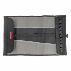 Black polyester wrench roll with buckle closure. Overall length 29 1/2 inches. Designed to organize and store wrenches securely. Suitable for portable tool storage and transport in workshops or job sites.