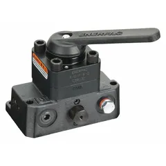 Manual lever-operated directional control valve with manifold, featuring three positions and 3/8 in NPT ports. Used to direct hydraulic fluid flow in circuits for tasks such as clamping, pressing, or lifting.