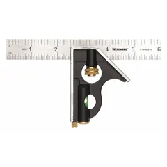 This combination square features a 6-inch steel blade with 1/32-inch graduations and a zinc body. It is used for layout, marking, and measurement tasks requiring a precise 90-degree square reference, such as checking squareness, scribing lines, and measuring depths or heights in metalworking, woodworking, and general fabrication.