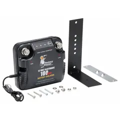 This solenoid/relay isolator is rated for 12V and 100A maximum current, with a black housing. It is designed for use in dual-battery systems to prevent battery drain, commonly applied in marine, RV, and automotive setups where a single alternator charges both starting and house batteries while maintaining isolation.