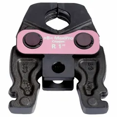 Press jaw for compact press tools, designed for use with the MaxiPro tool. Accommodates 1-inch pipe and is compatible with copper and steel materials. Suitable for pressing operations in plumbing, heating, and industrial piping applications.