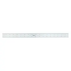 This 18-inch stainless steel ruler features a chrome finish with black etched graduations in 1/64 inch and decimal scales. It is 0.02 inches thick and designed for inside reading, allowing direct measurement from a surface edge. The flexible vinyl construction suits layout and inspection tasks in machining and metalworking.