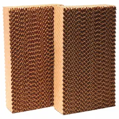 Cellulose evaporative cooling media for portable evaporative coolers. Sold as a 2-pack, this media is used to cool air in industrial, commercial, and outdoor settings by drawing warm air through water-saturated pads, reducing ambient temperature through evaporation.