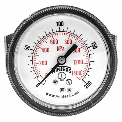WINTERS Panel-Mount Pressure Gauge: U-Clamp, 0 psi to 200 psi, 2 1/2 in Dial, 1/4 in NPT Male - U-Clamp Panel-Mount with Brass/Bronze Wetted Parts