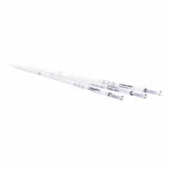 Sterile, individually wrapped borosilicate glass pipette with 1.1 mL capacity and graduation increments of 1 mL, 1.1 mL, and 0.5 mL. Designed for precise liquid handling in laboratory settings, commonly used for measuring and transferring milk or bacteriological samples in microbiology and dairy testing.
