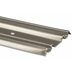 This bottom-type hanging door track from PRIME-LINE measures 4 ft in length, 2 9/16 in width, and 1/4 in height. It supports doors up to 5 lb and is used in light-duty sliding door systems for residential or commercial applications.