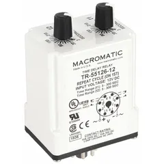 Socket-mounted time delay relay with 12V DC coil voltage, 10A contact rating, and 8 pins/terminals. Used in industrial control panels for timing and sequencing operations such as motor start/stop delays, conveyor belt sequencing, and HVAC control. Installs into standard DIN-rail or panel-mount sockets.