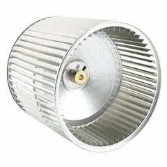 This dual-inlet forward-curved blower wheel is constructed of steel with a concave design. It features a 1/2 in bore, 10 in width, and clockwise closed-end rotation. Suitable for use in HVAC systems to move air across heat exchangers or coils.