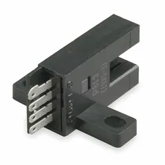 The OMRON EE-SX672 is a T-slot photoelectric sensor with a built-in connector and NPN output. It operates on a DC supply voltage of 5-24V DC. This sensor is used for position detection of moving parts in automated machinery, such as pneumatic actuators and linear slides.