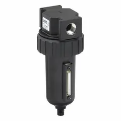 Particulate filter for compressed air systems. Removes solid contaminants down to 5 micron. Port size 1/2 in NPT, flow capacity 130 cfm, maximum operating pressure 250 psi. Used in industrial manufacturing, pneumatic controls, and general plant air preparation.