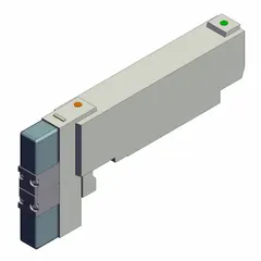 Double-solenoid, five-way/three-position directional control valve with a maximum flow rate of 16.45 scfm. Features a plug-in design, 24V DC operation, non-locking manual override, and rubber seals. Exhaust center position provides a safe neutral state for pneumatic actuation in automated machinery and industrial process control.
