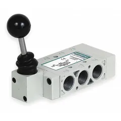 Four-way, two-position lever-operated valve with aluminum body and detent mechanism. Port size is 3/8 in NPT. Used for manually directing compressed air in pneumatic systems, such as controlling double-acting cylinders or actuators.