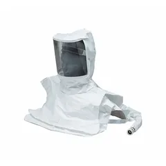 This full hood headgear is made of Tyvek and includes a low-pressure adapter for use with a breathing air blower system. It is designed as a double-bib maintenance-free hood in a universal size, suitable for respiratory protection in environments with airborne contaminants.
