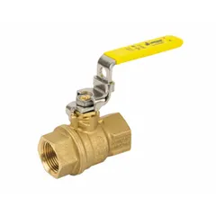 Brass ball valve with full port ball port for straight flow path. Features press x press connections and a locking lever handle. Suitable for on/off flow control in plumbing and HVAC systems.
