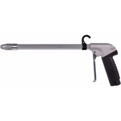 This pistol-grip air gun features an aluminum body and a 3/8 in female NPT inlet. It is equipped with one straight, focused nozzle for directing compressed air precisely. Typical applications include blow-off, cleaning, and drying tasks in industrial settings such as assembly lines and maintenance shops.
