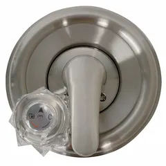 This trim kit includes a circular plastic trim plate with a brushed nickel finish and an acrylic handle. It is designed for use with Delta bathtub and shower faucets. The kit provides a replacement or upgrade for the handle and trim in residential or commercial bathrooms.