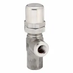 This Parker hard-seat pressure control valve is used in hydraulic systems to regulate or limit pressure. It features a stainless steel body with 1/2 in NPT ports and a maximum pressure setting of 2,600 psi. Typical applications include industrial machinery, mobile equipment, and fluid power circuits.