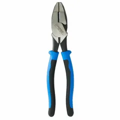Multipurpose lineman's pliers with a flat jaw design, 9 1/2 in overall length, 1 5/8 in jaw length, 1 1/4 in jaw width, and 5/8 in jaw thickness. Features an ergonomic handle and integrated nail cutter. Suitable for cutting, gripping, and twisting wire in electrical, construction, and maintenance applications.