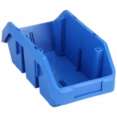 Blue cross-stacking plastic bin measuring 6-5/8 x 12-1/2 x 5 inches. Includes a label holder for content identification. Designed for stable vertical stacking without lids, suitable for organizing small parts and components in industrial storage areas.