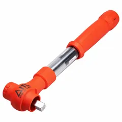 Insulated ratcheting micrometer torque wrench with 1/2 in square drive, torque range 9 ft-lb to 44 ft-lb. Used for precise torque application on electrical and industrial fasteners where insulation is required. Not tether capable.