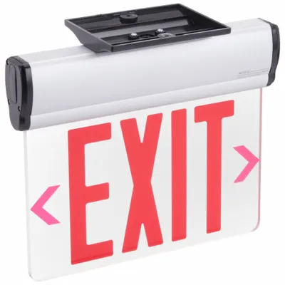 OEM Exit Sign: 1 Faces, Red, Aluminum, Universal Field Selectable Chevrons - Surface-Mount Edge-Lit Exit Signs