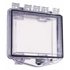 Clear polycarbonate guard for protecting Automated External Defibrillators (AEDs) against vandalism and accidental damage. Rated NEMA 3R for outdoor use, water resistant, and includes mounting hardware for surface wall mounting. Overall depth 5 15/16 in, width 2 3/8 in.