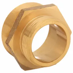 This brass rigid adapter connects fire hoses to hydrants or standpipes. It features a 2 in NPT male thread and a 1-1/2 in NH female swivel, with a straight configuration and hex body for wrench tightening. Suitable for municipal and industrial fire-protection systems.