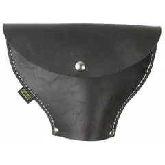 Synthetic leather tool sheath designed to carry an axe on a belt. Features one pocket with a snap closure and accommodates belts up to 2 inches in width. Finished in black.