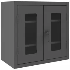 This industrial clearview shelf cabinet from DURHAM MFG features a gray frame base and a gray swing door. It includes two adjustable shelves for flexible storage of tools, parts, and supplies. The assembled unit is suited for warehouses, workshops, and manufacturing facilities where quick visual inventory checks are needed.