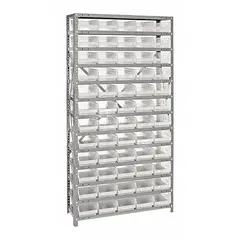 This metal stationary bin shelving unit includes 60 clear plastic open-front shelf bins, each 4 in x 2-3/4 in x 11-5/8 in. The gray steel frame is single-sided, providing organized storage and retrieval of small parts in warehouses, workshops, and distribution centers.