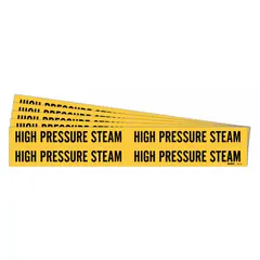 Yellow adhesive pipe marker with black legend text reading 'High Pressure Steam'. Designed for pipe outer diameters from 3/4 to 2-3/8 inches. Sold in packs of 5. Used to identify high-pressure steam lines in industrial piping systems.