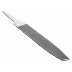 Double-cut warding file with a single edge cut, bastard cut, and natural finish. Measures 4 inches in length without tang and 1/2 inch in width, with a taper towards the point. Used for precision filing in narrow slots and keyways.