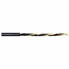 This continuous flexing power cable from the Chainflex CF30 series is designed for variable frequency drives (VFDs) in automated machinery and cable carriers. It features 5 copper conductors (14 AWG) with a PVC jacket, rated at 1000 V, and includes a ground conductor. The cable offers UV/sunlight resistance and meets IPA 14644-1 standards, with minimum bend radius factors of 4 x OD for fixed installation, 6 x OD for flexible use, and 7.5 x OD for e-chain applications.