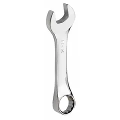 This metric 12-point combination wrench features a 15 mm head size and an overall length of 4 3/4 inches. Constructed from alloy steel with a chrome finish, it is used for tightening and loosening 15 mm bolts and nuts in applications such as automotive repair and machinery maintenance.